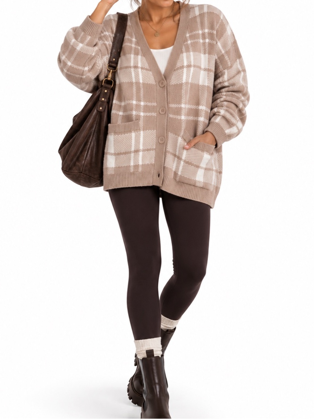 Wilfred Anthropologie Plaid Button-Front Cardigan Sweater - Taupe/White